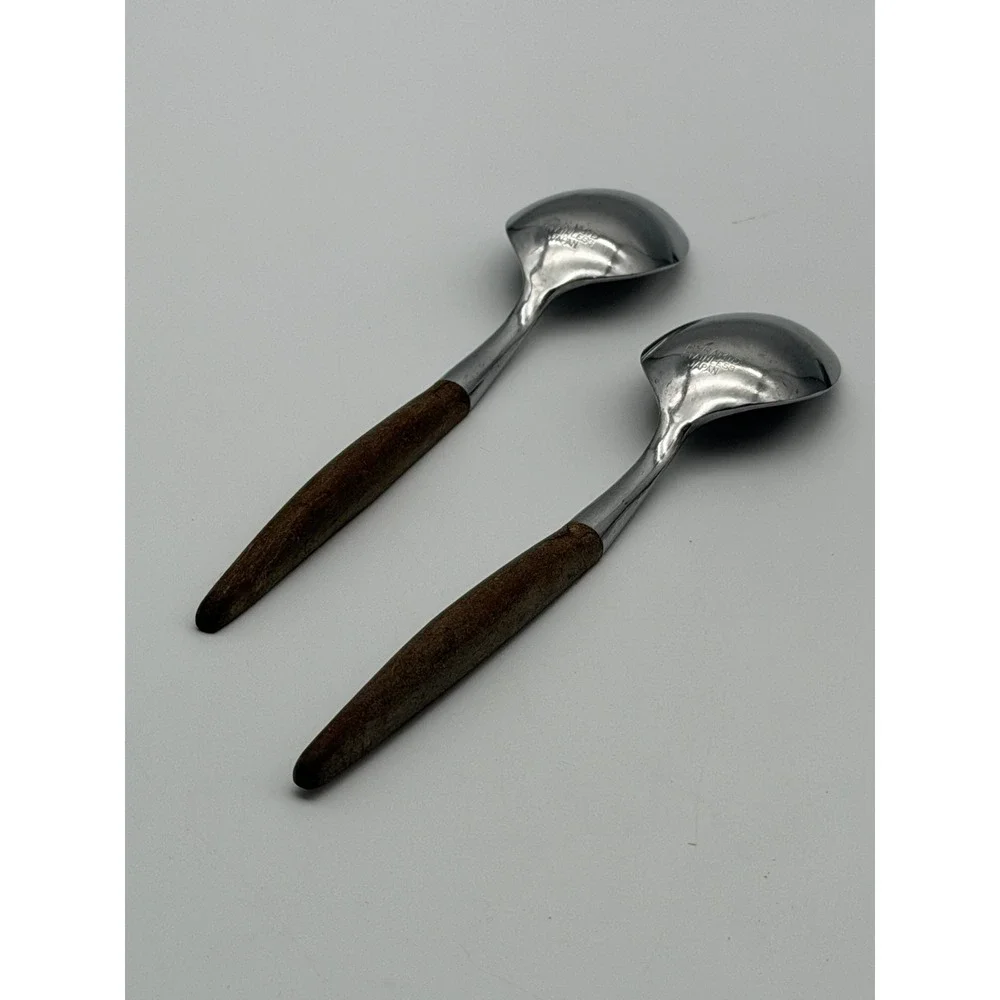 Pyramid Stainless Japan Faux Wood Handle Spoons Set of 2 Mid-Century Modern MCM